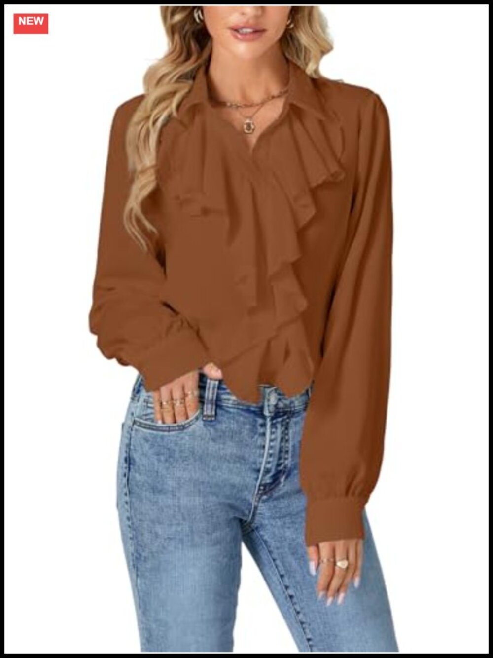 LYANER Ruffle Front V-Neck Button Down Blouse Long Sleeve